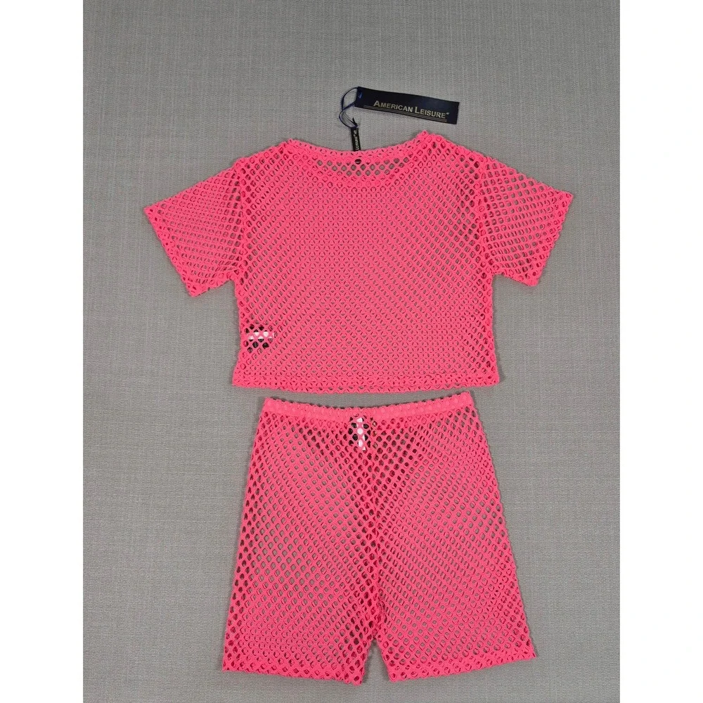 American Leisure Pink Mesh Two Piece Swimsuit Cover Up Crop Top Shorts Set S